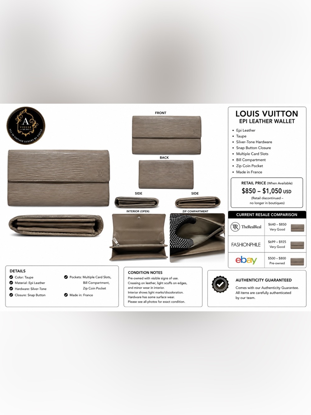 Louis Vuitton Authentic Epi Leather Sarah Long Wallet Taupe Brown